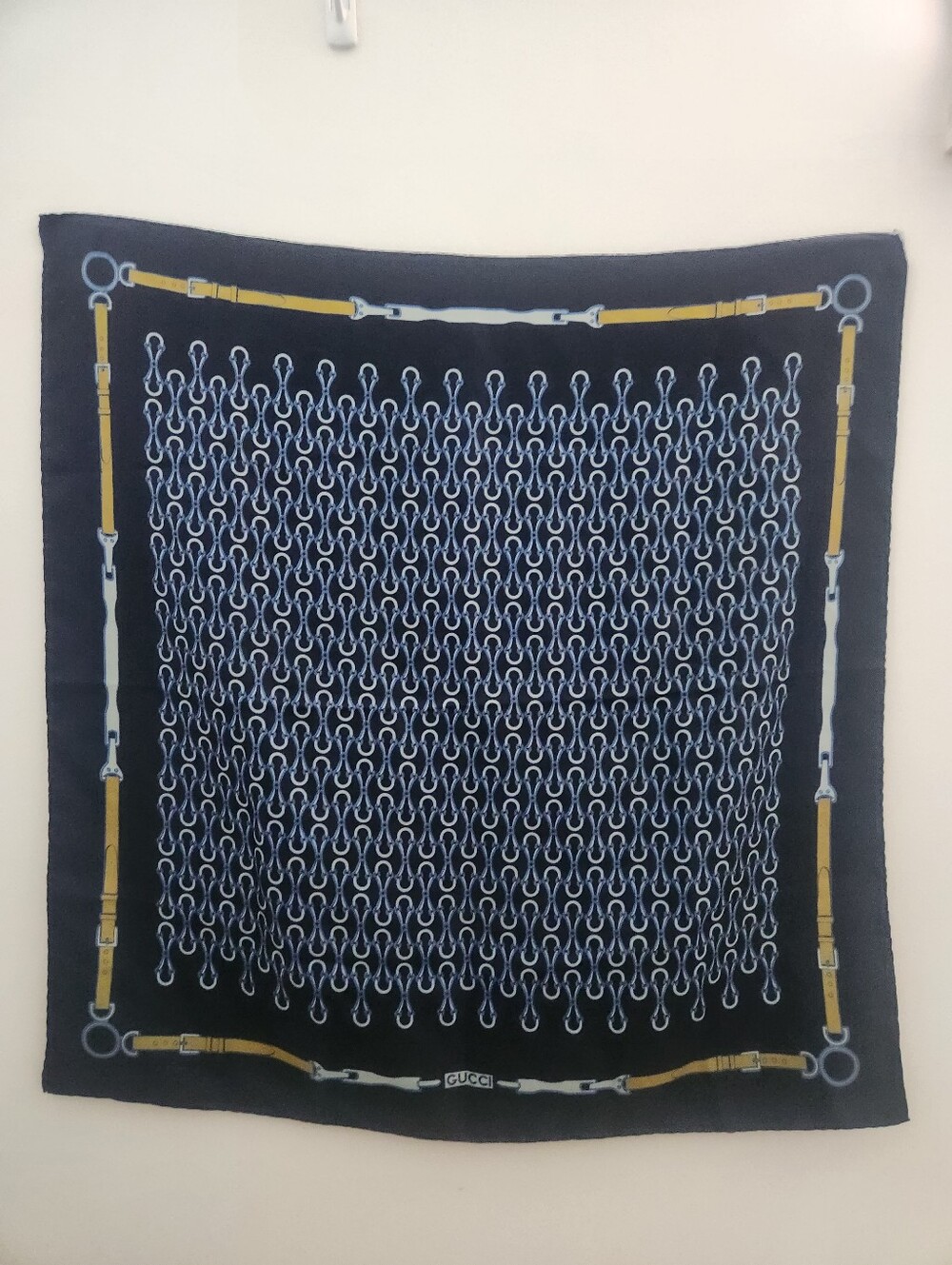 Gucci Vintage Scarf Horsebit Equestrian Motifh Silk Blue Multicolor No Tag